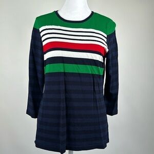 Linea by Louis Dell’Olio Striped 3/4 Sleeve Sweater Striped Navy Red Green Sz XS